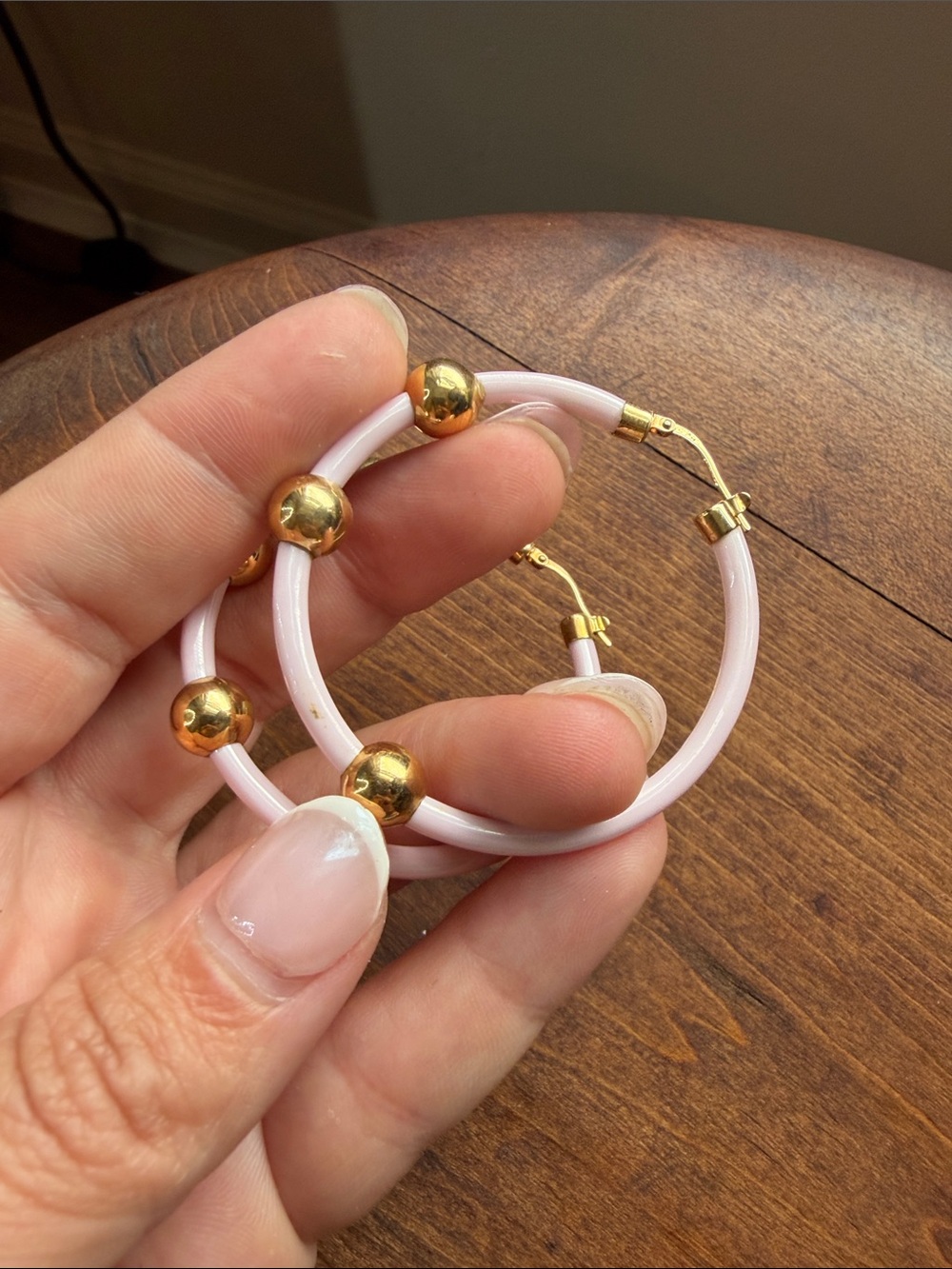 Vintage 750 Pink Hoop Earrings with Gold Bead Accents - Picture 7 of 7